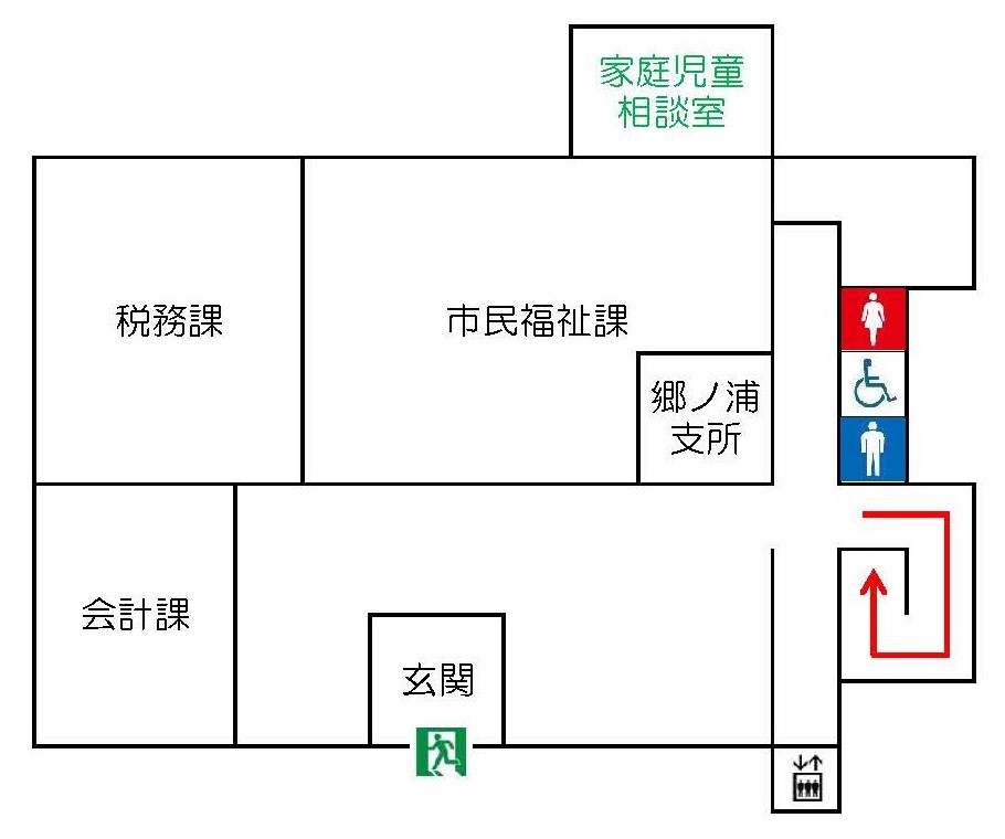 郷ノ浦庁舎1階見取り図（会計課 税務課 市民福祉課 ）