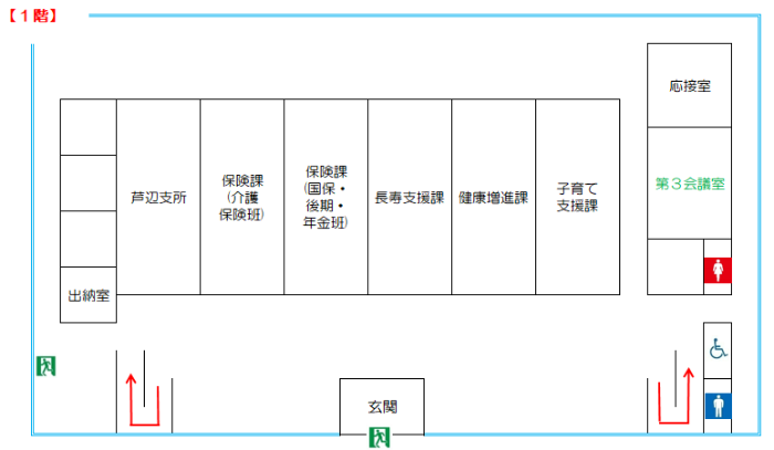 芦辺庁舎1階見取り図（芦辺支所 保険課 長寿支援課 健康増進課 子育て支援課）