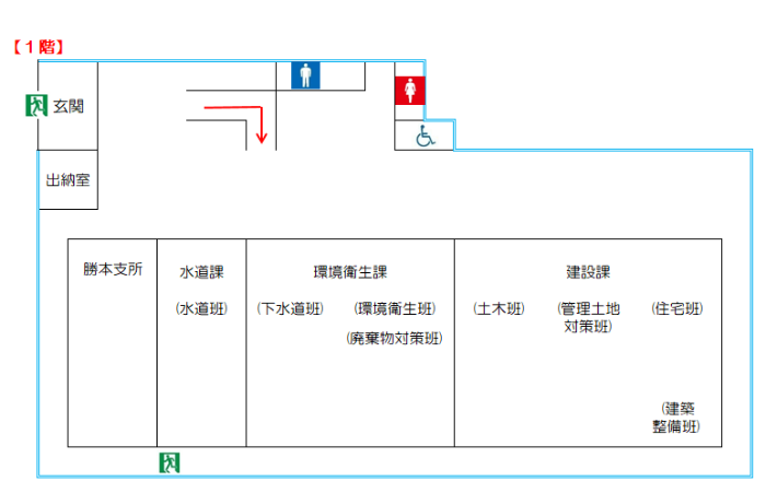 勝本庁舎1階見取り図（勝本支所 水道課 建設課 環境衛生課）
