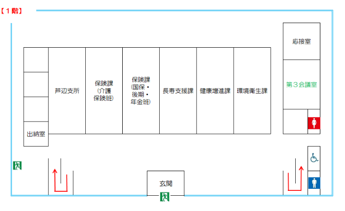 芦辺庁舎1階見取り図（芦辺支所 保険課 長寿支援課 健康増進課 環境衛生課）