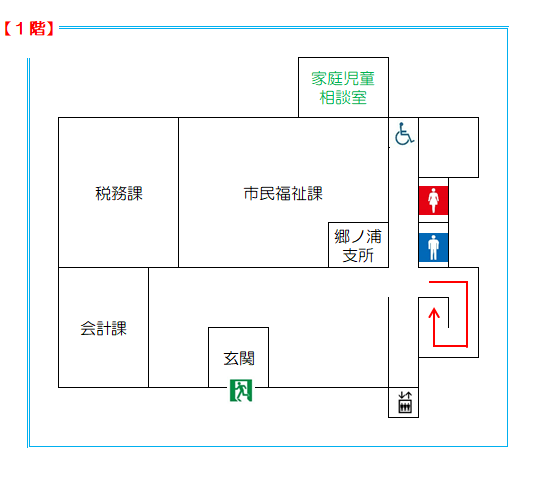 郷ノ浦庁舎1階見取り図（会計課 税務課 市民福祉課 ）