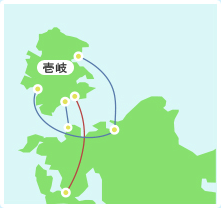 博多港から郷ノ浦港までの航路、博多港から芦辺港までの航路、長崎空港から壱岐空港までの航路が示されている地図。